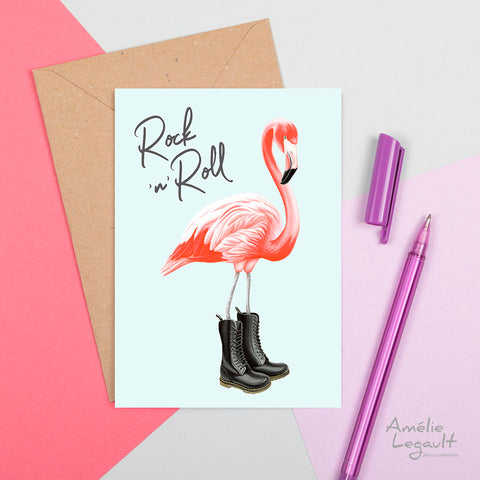 flamant rose, carte de flamant rose, carte de souhaits, amelie legault, made in canada, fait au québec, bottes, rock n' roll card