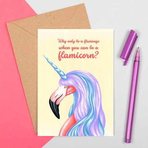 flamingo greeting card, unicorn greeting card, Amelie legault, birthday card, carte d'anniversaire