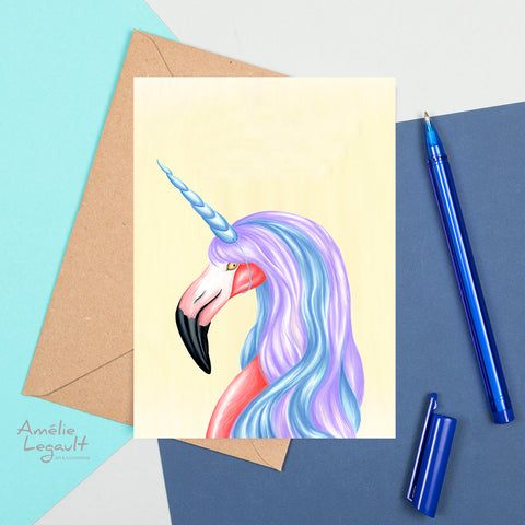 carte de licorne, carte de flamant, carte d'aniversaire, amelie legault, flamant rose, carte de souhaits, fait au québec