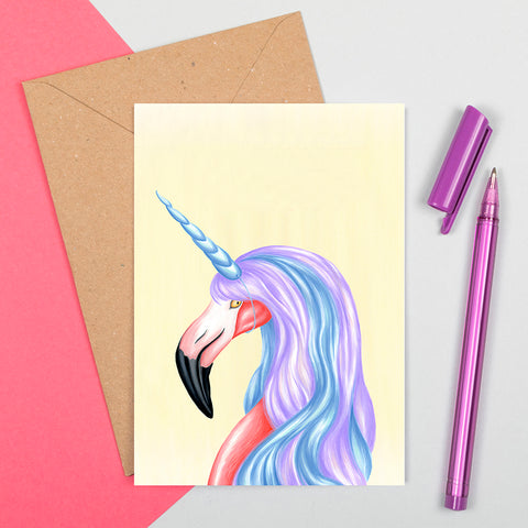 carte de licorne, carte de flamant, carte d'aniversaire, amelie legault, flamant rose, carte de souhaits, fait au québec