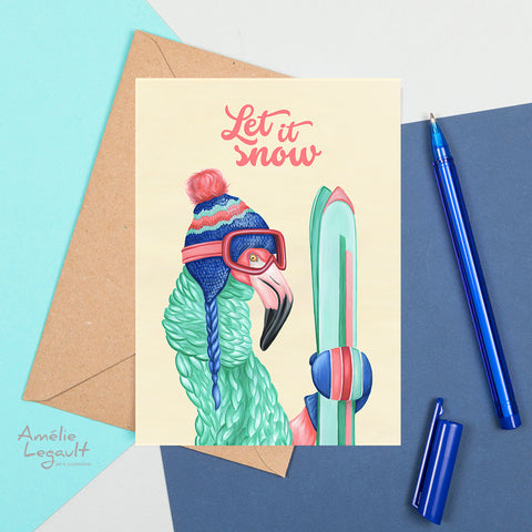 Pink flamingo card, holiday card, let it snow card, christmas card, amélie legault, ski, skier, made in canada