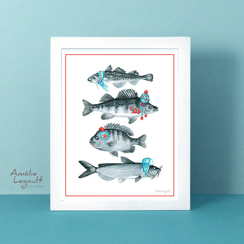 Dressed fish, Summer fish, fish art Print, fish drawing fish art work, canadian fish, amelie legault, made in canada, canadian artist