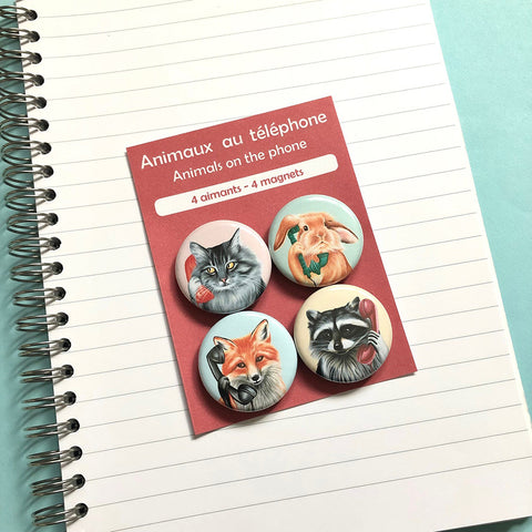 Set of 4 animals on the phone magnets by Amelie Legault artist, cat, fox, raccoon and rabbit