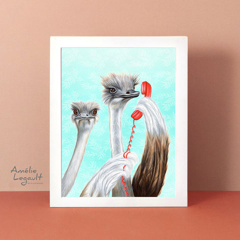 ostrich art work, ostrich ar print, ostrich painting, on the phone, vintage phone, amelie legault, ostriches feathers, canadian artist, canadian art, made in canada