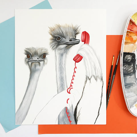 work in progress, gouache painting, wip, amelie legault, ostrich painting, ostrich art work, on the phone, vintage phone, home decor