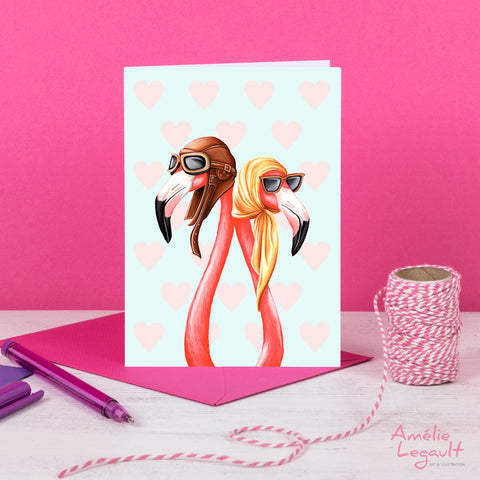 pink flamingo aviator card, carte de flamants roses aviateurs, Amélie Legault, carte de st-valentin, carte de mariage, wedding card, valentine's day card, i love you card , carte je t'aime