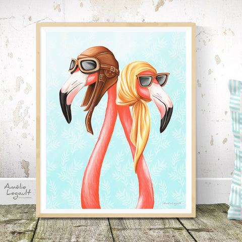 flamingo illustration, flamingo art, flamingo love, flamingo decor, amelie legault, art print, aviators, 1950s