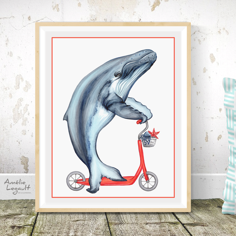 Whale on a scooter, art print, whale drawing, whale illustration, humpback whale, amélie legault, sea animal print, washroom decor, kid's room decor