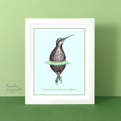 Kiwi bird, ballerina, baller, art print, home decor, Kiwi bird, kiwi illustration, kiwi art, art print, amelie legault, kiwi love, new zealand