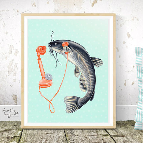 bullhead fish, fish illustration, fish painting, fish on the phone, gift of fisherman, fishing, canadian fish, canadian animal, amelie legault, canadian art, canadian artist, made in canada, art work, art print