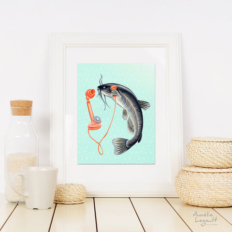 fish art print, fish painting, antique phone, phone illustration, amelie legault, home decor, kitchen decor