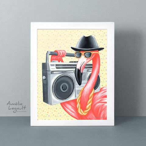 Flamingo art, flamingo illustration, flamingo art print, ghetto blaster, 1980S, boombox, run dmc, hip hip, rap, amelie legault