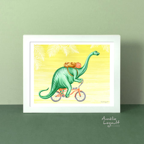 Dinosaur, Brontosaurus on bike, Print, Drawing, amélie legault, brontosaure, dessin de dinosaures, affiches de dinosaures