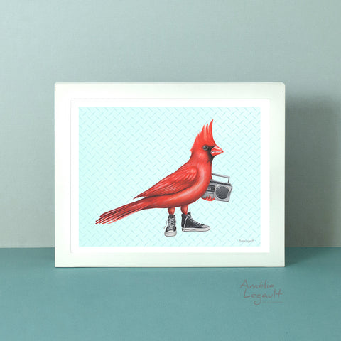 Cardinal bird art print, cardinal artwork, cardinal painting, amélie legault, shoes art, boombox, radio tape, cassette, tape player, 1990s style, 1980s style