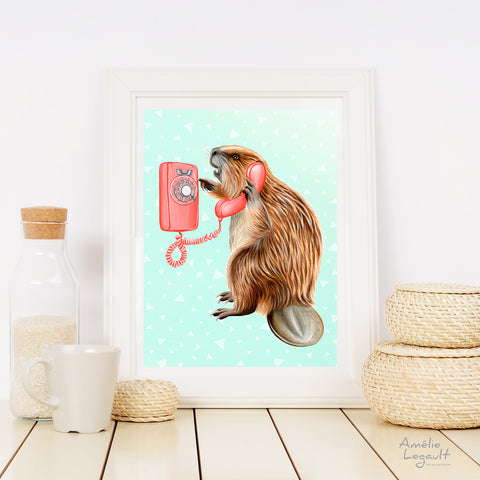 Beaver illustration, beaver art, canadian animal, canadian art, amelie legault, vintage phone, rotary phone, phone illustration, beaver on the phone