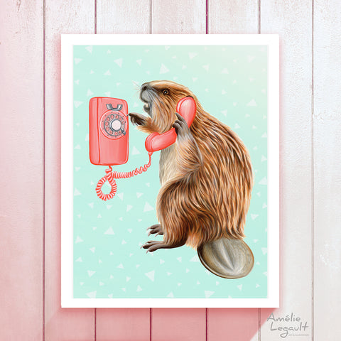 Beaver illustration, beaver art, phone illustration, wall phone, art print, amelie legault, canadian art, canadian animal