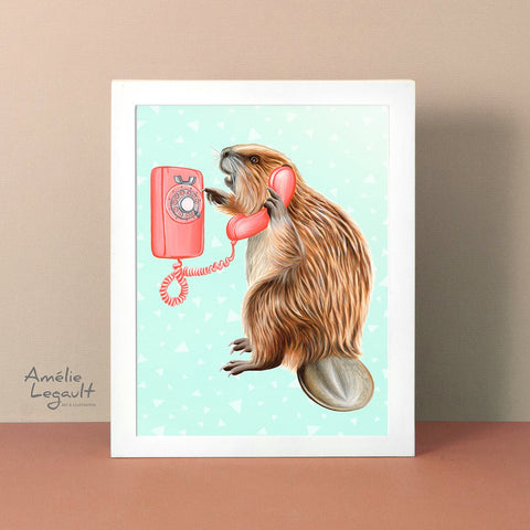 Beaver illustration, beaver art, phone illustration, wall phone, art print, amelie legault, canadian art, canadian animal, wall art