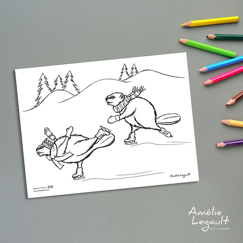 coloriage de castors, castors en patins, patins à glace, sport d'hiver, coloriage d'hiver, coloriage de noël, coloriage gratuit, amelie legault, ice skating, beaver illustration, coloring page, beaver coloring page, ice skate coloring page 