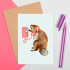 beaver card, birthday card, greeting card, beaver illustration, beaver on the phone, amelie legault, canadian animal, canadian artist, made in canada