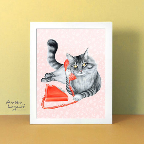 Cat on the phone, art print, cat illustration, cat painting, amelie legault, rotary phone, vintage phone, talking on the phone, gray cat