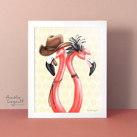 flamingo art, flamingo love, flamingo decor, flamingo illustration, amelie legault, cowboy, saloon girl, cowboy illustration, cowboy art, far west illustration, far west decor