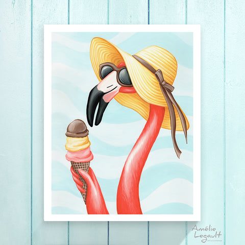 Illustration de flamant rose, cornet de crème glacée, napolitaine, amelie legault, peinture de flamant, illustration de crème glacée