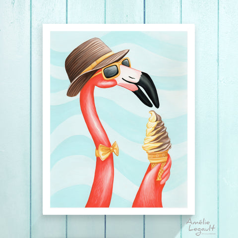 Flamant rose, cornet de crème glacée, affiche, illustration de flamants roses, illustration de crème glacée, crème molle, summer vibe, amelie legault 