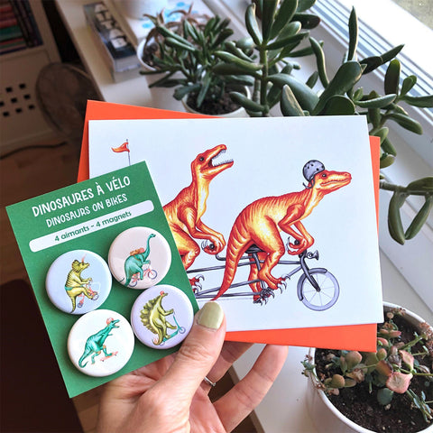 set of 4 dinosaurs magnets by Amelie Legault, stegosaurus, brontosaurus, triceratops and tyrannosaurus