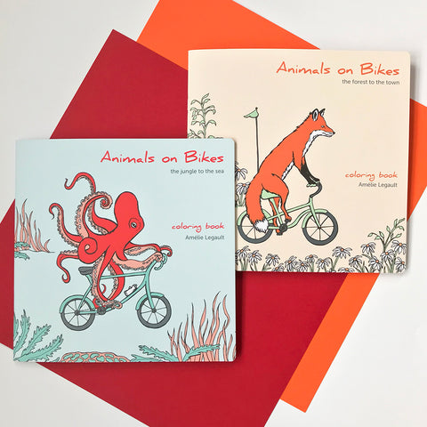 Animaux à vélo, cahier à colorier, amelie legault, coloriage pour enfants, fait au québec, fait au canada