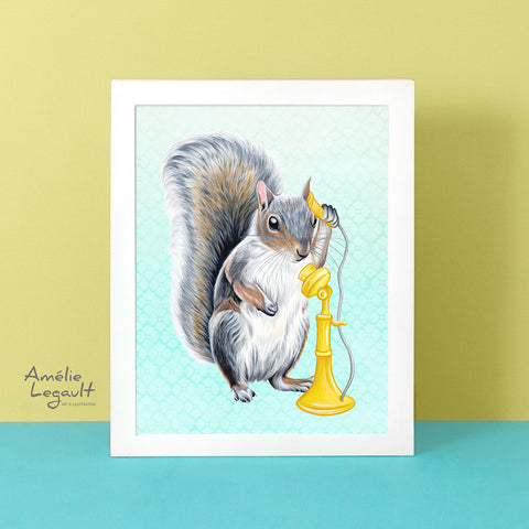 Squirrel on the phone, art print, squirrel illustration, squirrel art, squirrel painting, canadian animal, canadian artist, amelie legault, antique phone, yellow phone, phone illustration, phone art