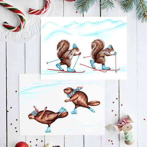 holiday card, christmas card, squirrel card, cross-country skiing, amelie legault, ski de fond, écureuil, carte de noël