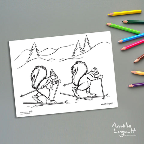 illustration d'écureuil, écureuil en ski, ski de fond, sport d'hiver, amelie legault, coloriage, image à colorier, coloriage gratuit, coloriage d'hiver, coloriage de noël, holiday coloring, christmas coloring, coloring page, squirrel illustration, squirrel coloring, made in canada, canadian artist, fait au québec, cross-country skiing