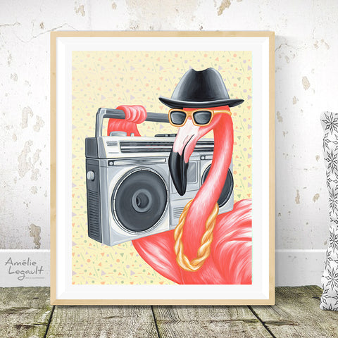 Flamingo art, flamingo illustration, flamingo art print, ghetto blaster, 1980S, boombox, run dmc, hip hip, rap, amelie legault