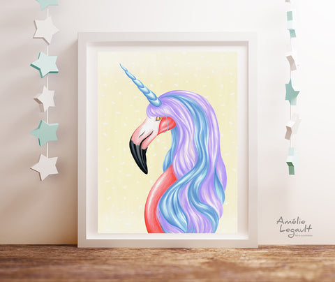 illustration de flamant, flamant rose, illustration de licorne, affiche, amelie legault, être une licorne