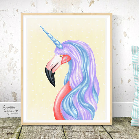 affiche de licorne, affiche de flamant, carte d'aniversaire, amelie legault, flamant rose, fait au québec
