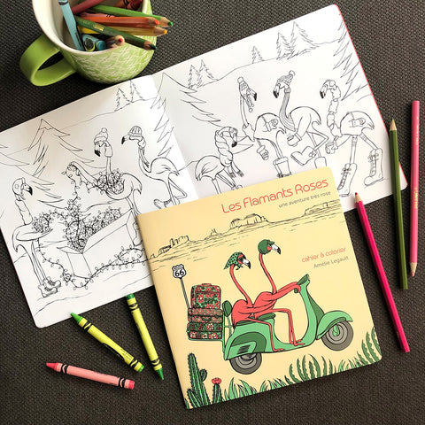 cahier à colorier, les flamants roses, illustration de flamant, amélie legault, coloriage pour enfants, coloriage pour adultes, flamant en scooter, flamant à colorier