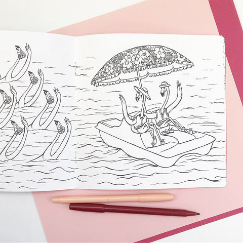 cahier à colorier, flamant rose, coloriage pour enfants, coloriage pour adultes, amélie legault, pédalo, flamingo pedal boat, flamingo illustration