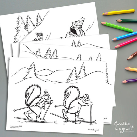 Set of 5 coloring pages, ensemble de 5 coloriages, Amélie Legault, coloriage pour enfants, coloriages pour adultes, coloriage d'hiver, winter coloring, coloring for kids, colouring, coloring for adults, made in canada, canadian artist, fait au québec, animaux de la forêt, sports d'hiver, winter sports, winter activities