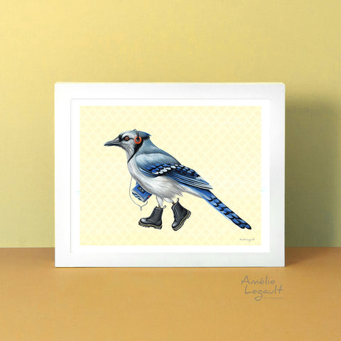 Blue Jay illustration, blue jay artwork, blue jay painting, blue jay art print, blue jay decoration, amelie legault, canadian bird, canadian artist, boots, blue walkman