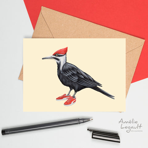 carte de souhaits d'oiseaux  pic-bois du Québec, carte d'anniversaire de Grand Pic par l'artiste et illustratrice québécoise Amelie Legault, Woodpecker canadian bird greeting card, bird birthday card by Canadian Artist Amelie Legault