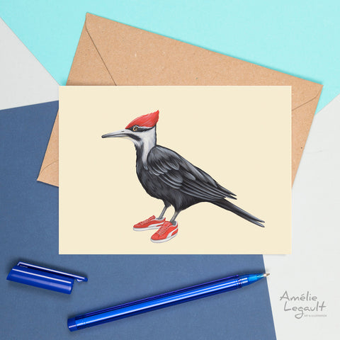 carte de souhaits d'oiseaux  pic-bois du Québec, carte d'anniversaire de Grand Pic par l'artiste et illustratrice québécoise Amelie Legault, Woodpecker canadian bird greeting card, bird birthday card by Canadian Artist Amelie Legault