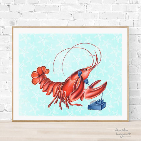 lobster illustation, lobster art, lobster painting, amelie legaultl, vintage phone, rotary phone, phone art, phone illustration, under the sea