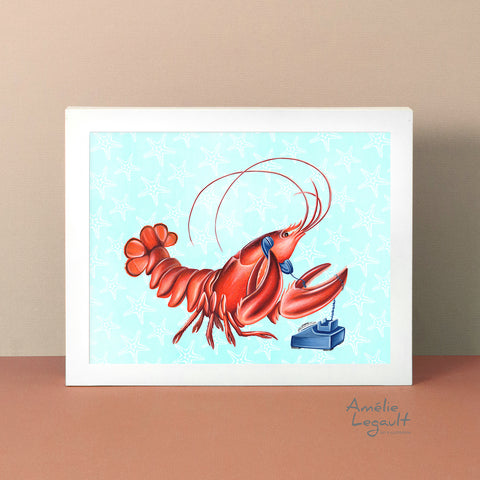 lobster on the phone, lobster card, art print, lobster art work, lobster painting, amelie legault, rotary phone, vintage phone, made in