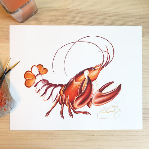 gouache painting, canadian artist, amelie legault, lobster painting, phone painting, sea food illustration, magdalen islands