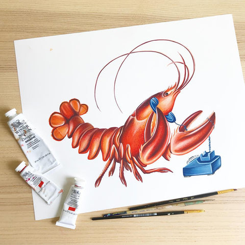 peinture à la gouache, winsor & newton, amélie legault, illustration de homard, peinture de homard, artiste québécoise, fait au québec, iles-de-la-madeleine