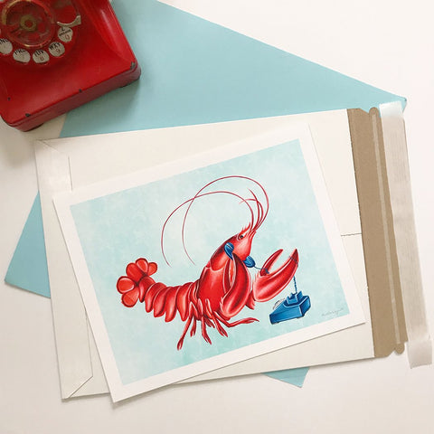 lobster art, lobster painting, lobster illustration, Amelie legault, sea animal, sea food, rotary phone, vintage phone, canadian artist, canadian animal, canadian art 