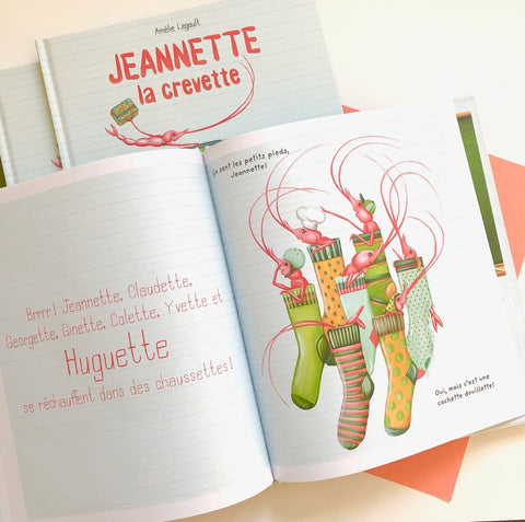 Cadeau pour enfants, cadeaux pour professeurs et éducatricesIllustration des crevettes en chaussettes, issue du livre pour enfants Jeannette la crevette par l'autrice et illustratrice Amélie Legault, publié aux Éditions Les Malins