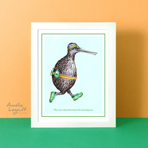 Kiwi bird jogging, print, wall art, Kiwi bird, kiwi illustration, kiwi art, art print, amelie legault, kiwi love, new zealand