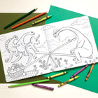 cahier à colorier de dinosaures par l'artiste autrice et illustratrice Amélie Legault, cahier à colorier pour enfants avec des dinosaures, fait au Québec, dinosaures au parc