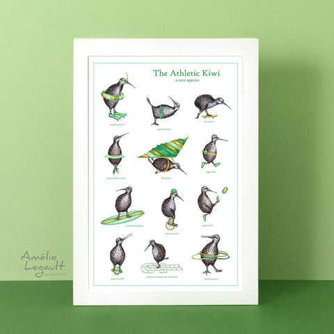 Athletic kiwi bird print, home decor, art print, amelie legault, kiwi illustration, kiiw bird art, kiwi bird drawing, sport illustration, new zealand